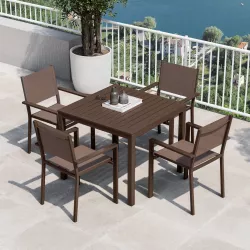 Set pranzo tavolo 90x90 cm e 4 sedie con braccioli in alluminio e textilene marrone - Carioca