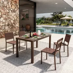 Set pranzo tavolo 140/210x77 cm e 4 sedie in alluminio e textilene marrone - Carioca