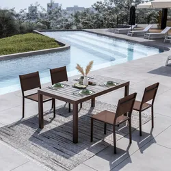 Set pranzo tavolo 160/240x90 cm e 4 sedie in alluminio e textilene marrone - Carioca