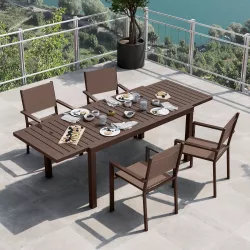 Set pranzo tavolo 160/240x90 cm e 4 sedie con braccioli quadrati in alluminio e textilene marrone - Carioca