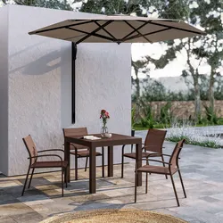 Set pranzo tavolo 90/180x90 cm e 4 sedie con braccioli tondi in alluminio e textilene marrone - Carioca