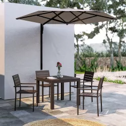 Set pranzo tavolo 90/180x90 cm e 4 sedie con braccioli a doghe in alluminio marrone - Carioca