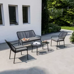 Set relax da giardino in alluminio e rattan nero con cuscini grigi - Sunbay
