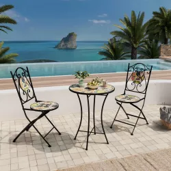 Set bistrot con tavolo rotondo 60 cm e 2 sedie con decorazione mosaico a fiori multicolore - Otranto