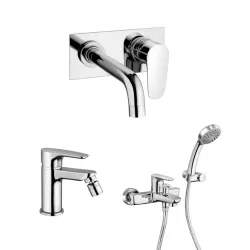 Set miscelatori lavabo a muro con piastra e bidet con esterno doccia orientabile cromato - Parallel di Paini