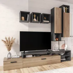 Parete attrezzata 270 cm con porta tv 2 pensili e 3 cubi rovere riviera e grigio tadao - Rodens