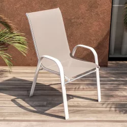 Sedia con braccioli impilabile in acciaio bianco e textilene beige - Ninfa