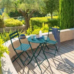 Set bistrot tavolo rotondo 60 cm e 2 sedie pieghevoli in acciaio blu pavone - Atelier