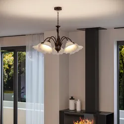 Lampada sospesa 64x100 cm a 5 luci in metallo marrone decorato a mano