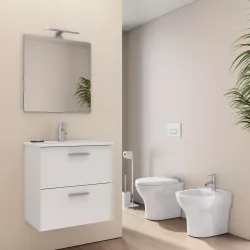 Bagno completo con mobile sospeso 60 cm bianco lucido con specchio sanitari e miscelatori - Karly