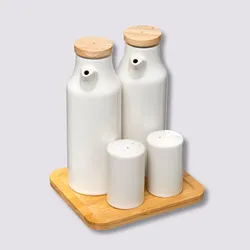 Set 5 accessori per condimenti in porcellana bianco e bambù naturale con vassoio