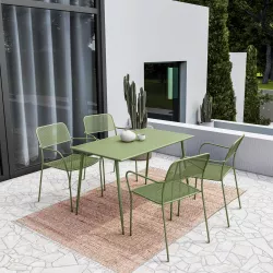 Set pranzo tavolo 70x120 cm e 4 sedie con braccioli in acciaio verde bosco - Faber