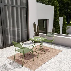 Set bistrot tavolo pieghevole 60x60 cm e 2 sedie con braccioli in acciaio verde oliva - Faber