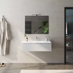 Mobile sospeso 100 cm bianco petalo effetto legno con lavabo bianco opaco e specchio - Verano