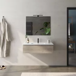 Mobile sospeso rovere cambridge effetto legno 100 cm con lavabo bianco lucido integrato e specchio - Verano