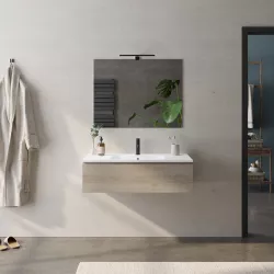 Mobile sospeso rovere cambridge effetto legno 100 cm con lavabo bianco opaco integrato e specchio - Verano