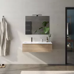 Mobile sospeso rovere biscuit effetto legno 100 cm con lavabo bianco opaco integrato a sinistra e specchio - Verano