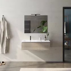 Mobile sospeso rovere cambridge effetto legno 100 cm con lavabo bianco opaco integrato a sinistra e specchio - Verano
