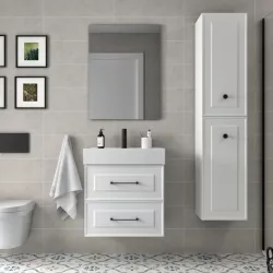 Mobile da bagno sospeso 60 cm con top lavabo e specchio bianco opaco - Audrey