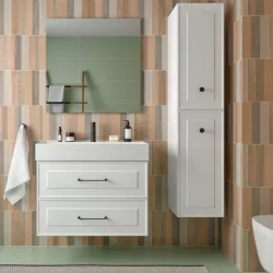 Mobile da bagno sospeso 80 cm con top lavabo e specchio bianco neve opaco - Audrey