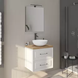 Mobile da bagno sospeso 60 cm bianco neve opaco con top rovere e specchio - Audrey