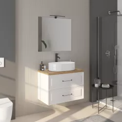 Mobile da bagno sospeso 80 cm bianco neve opaco con top rovere e specchio - Audrey