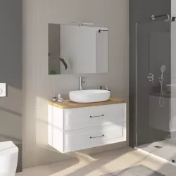 Mobile da bagno sospeso 100 cm bianco neve opaco con top rovere e specchio - Audrey