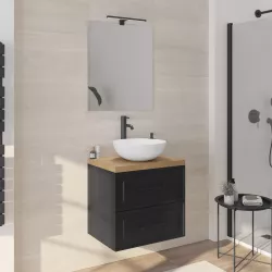 Mobile da bagno sospeso 60 cm nero carbone opaco con top rovere e specchio - Audrey