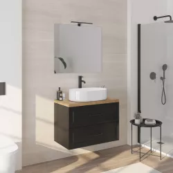 Mobile da bagno sospeso 80 cm nero carbone opaco con top rovere e specchio - Audrey