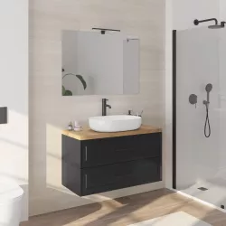 Mobile da bagno sospeso 100 cm nero carbone opaco con top rovere e specchio - Audrey