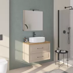 Mobile da bagno sospeso 80 cm cappuccino con top rovere e specchio - Audrey