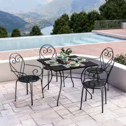 Set pranzo tavolo 90x90 cm e 4 sedie con braccioli in metallo nero - Loren