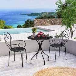Set bistrot tavolo rotondo 70 cm e 2 sedie con braccioli in metallo nero - Loren