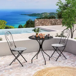 Set bistrot tavolo rotondo 70 cm e 2 sedie pieghevoli in metallo nero - Loren