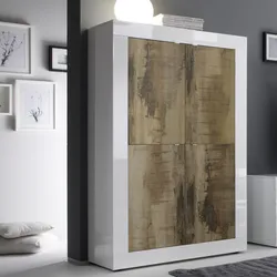 Credenza 102 cm con quattro ante bianco lucido e legno - Geila