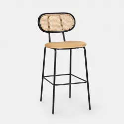 Sgabello in velluto beige con schienale in paglia - Groot