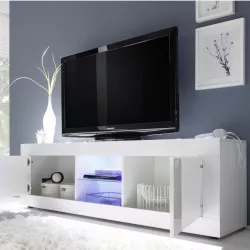 Mobile porta tv 181 cm con due ante in legno bianco lucido con luce led blu  