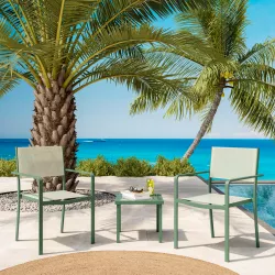 Set relax da giardino con tavolino top in vetro 44x44 cm e 2 sedie con braccioli in metallo verde - Tour