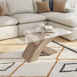 Tavolino 110x60 cm con piano in vetro e gambe rovere - Aiden