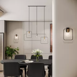 Set lampadario a sospensione + 2 applique in metallo nero e oro