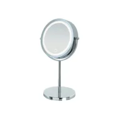 Specchio da trucco touch con base d'appoggio e led in acciaio cromato