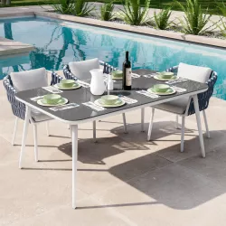 Tavolo da giardino 160x97 cm con top in vetro in alluminio bianco - Baymi