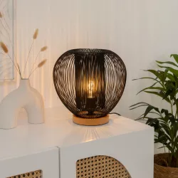 Lampada da tavolo rotonda 28 cm in metallo nero e base in legno di faggio