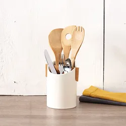 Contenitore per utensili o posate 18h cm in ceramica bianco e legno