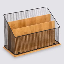Organizer da scrivania 29x14 cm in metallo nero e bambù con divisori removibili - Smartlab