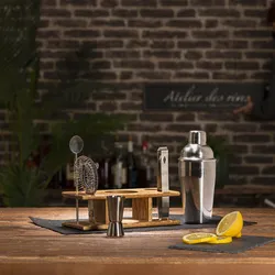 Set 6 accessori per cocktail in acciaio inox con sostegno in legno di mango naturale