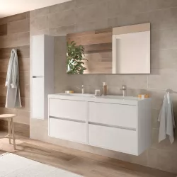 Doppio mobile bagno 140 cm sospeso bianco lucido con doppio lavabo e  specchio - Medora