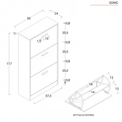 Scarpiera 60x24 cm doppio ripiano in legno bianco con specchio - Sonic