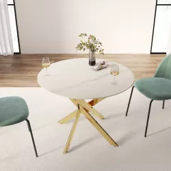 Tavolo da pranzo rotondo 100 cm piano in ceramica bianco 12 mm e gambe  incrociate oro 