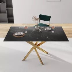 Tavolo 150x80 cm piano in vetro effetto marmo nero 10 mm e gambe incrociate oro - Noel